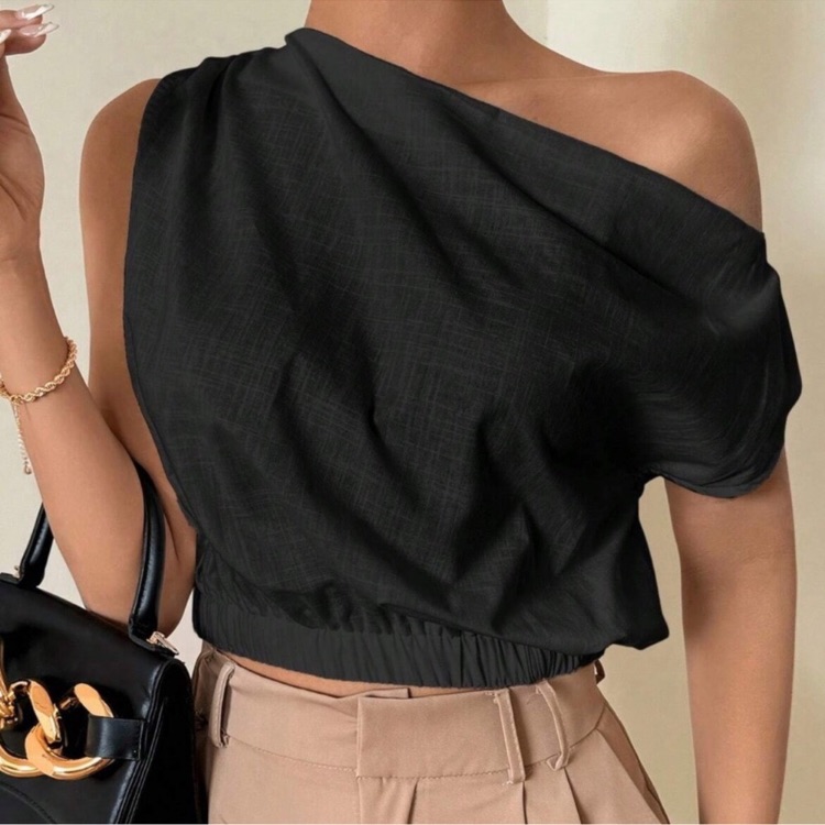 Solid Black Linen One Shoulder Oversized Crop Top